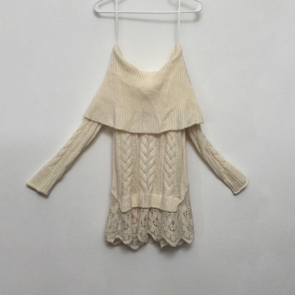 Knox Rose Off Shoulder Cream Cowl Neck Sweater Lace Bottom Size XS Winter Warm